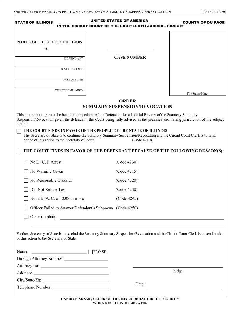 Order After Hearing On Petition For Review Of Summary Suspension {1122} | Pdf Fpdf Docx | Illinois