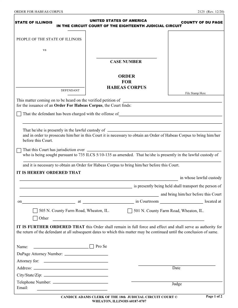 Order For Habeas Corpus {2125} | Pdf Fpdf Doc Docx | Illinois