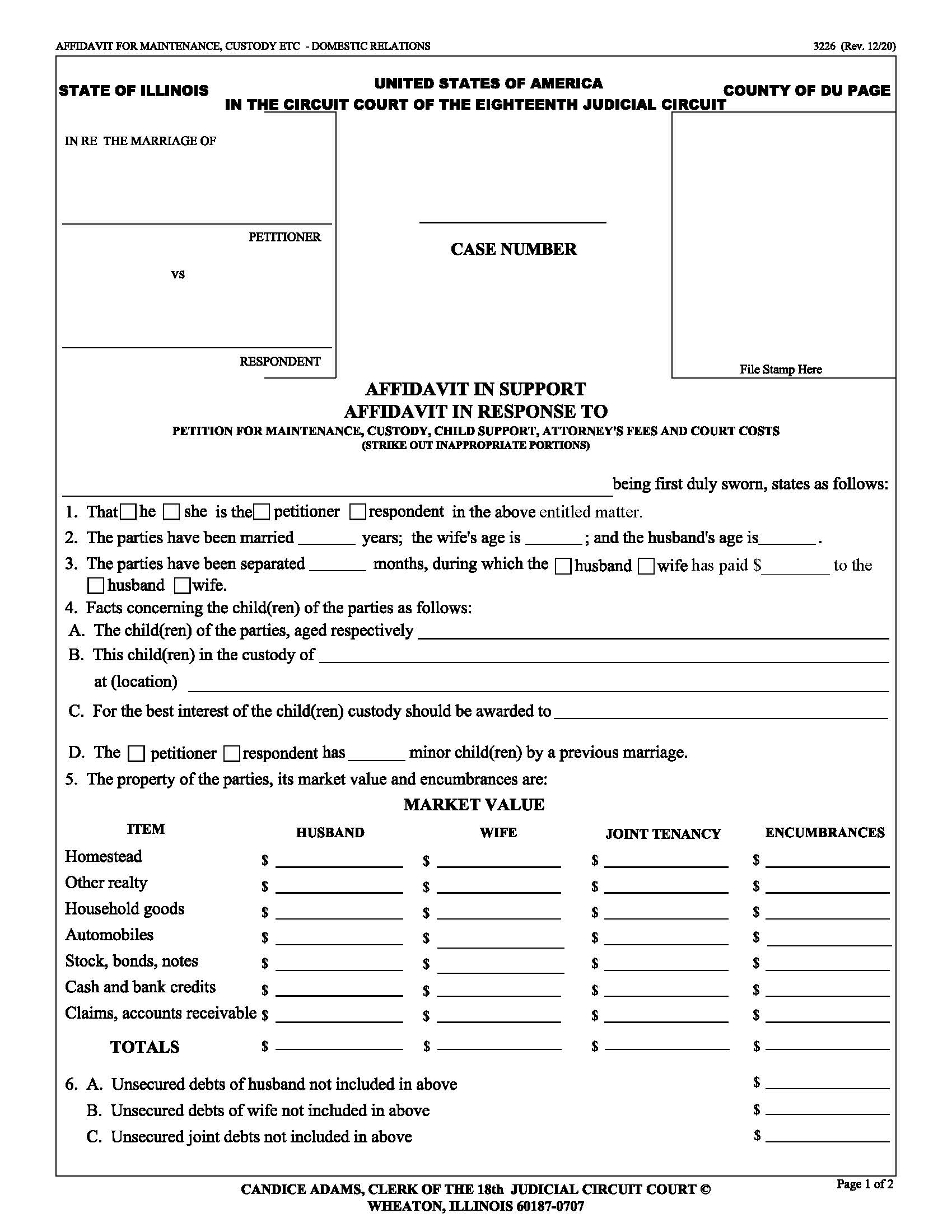 Affidavit In Support In Response To Petition For Maintenance Custody Child Support {3226} | Pdf Fpdf Docx | Illinois