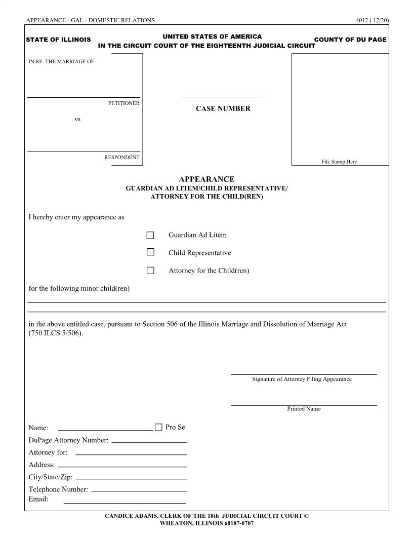 Appearance - Guardian Ad Litem-Child Representative-Attorney For The Child(ren) {4012} | Pdf Fpdf Doc Docx | Illinois