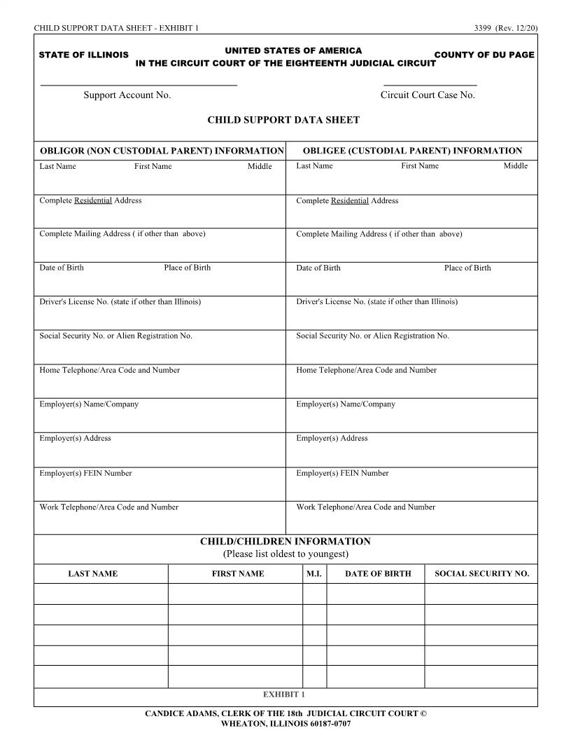 Child Support Data Sheet {3399} | Pdf Fpdf Doc Docx | Illinois