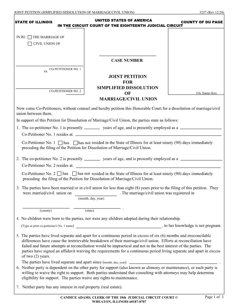 Joint Petition For Simplified Solution Of Marriage-Civil Union {3257} | Pdf Fpdf Docx | Illinois