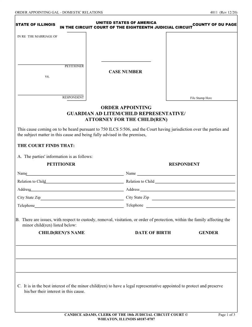 Order Appointing Guardian Ad Litem-Child Representative-Attorney For Child(ren) {4011} | Pdf Fpdf Doc Docx | Illinois