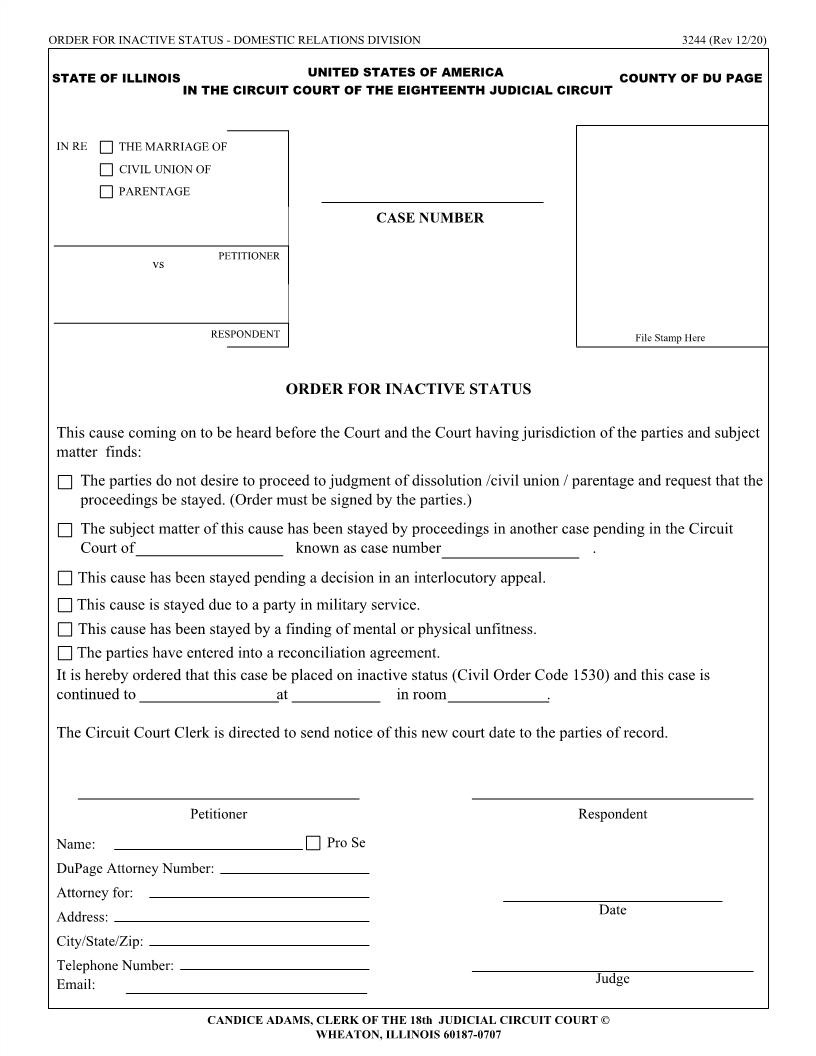 Order For Inactive Status Domestic Relations Division {3244} | Pdf Fpdf Doc Docx | Illinois