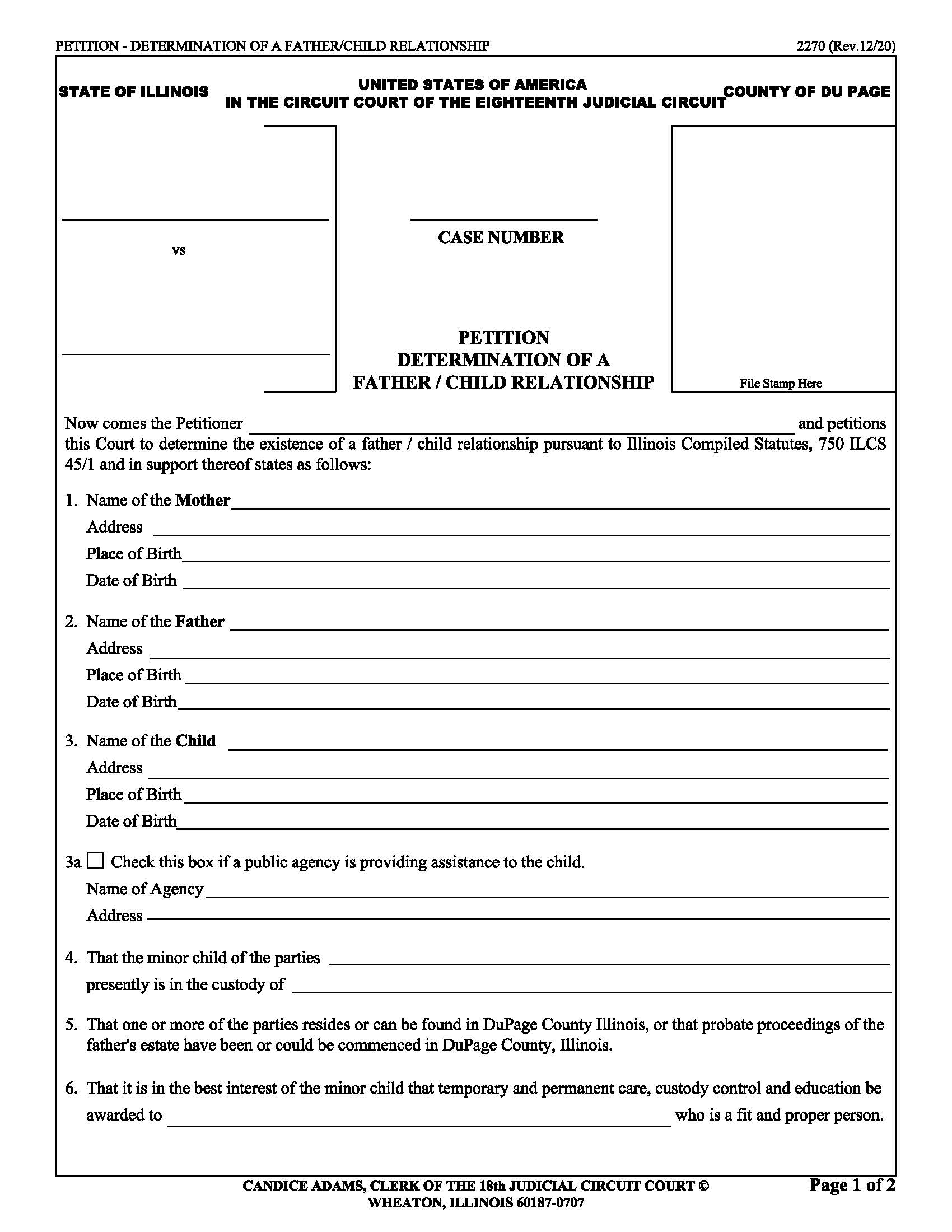 Petition - Determination Of A Father-Child Relationship {2270} | Pdf Fpdf Doc Docx | Illinois