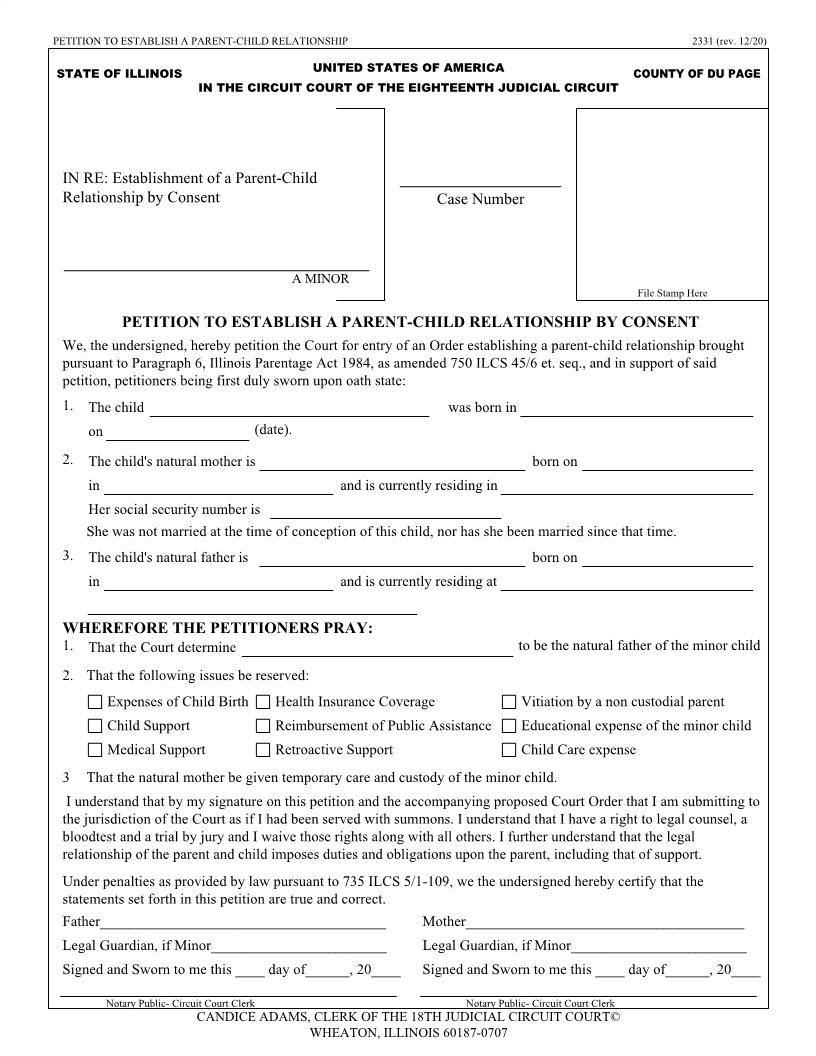 Petition To Establish A Parent-Child Relationship By Consent {2331} | Pdf Fpdf Doc Docx | Illinois