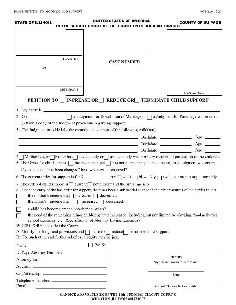Petition To Increase Or Reduce Or Terminate Child Support {4004} | Pdf Fpdf Doc Docx | Illinois