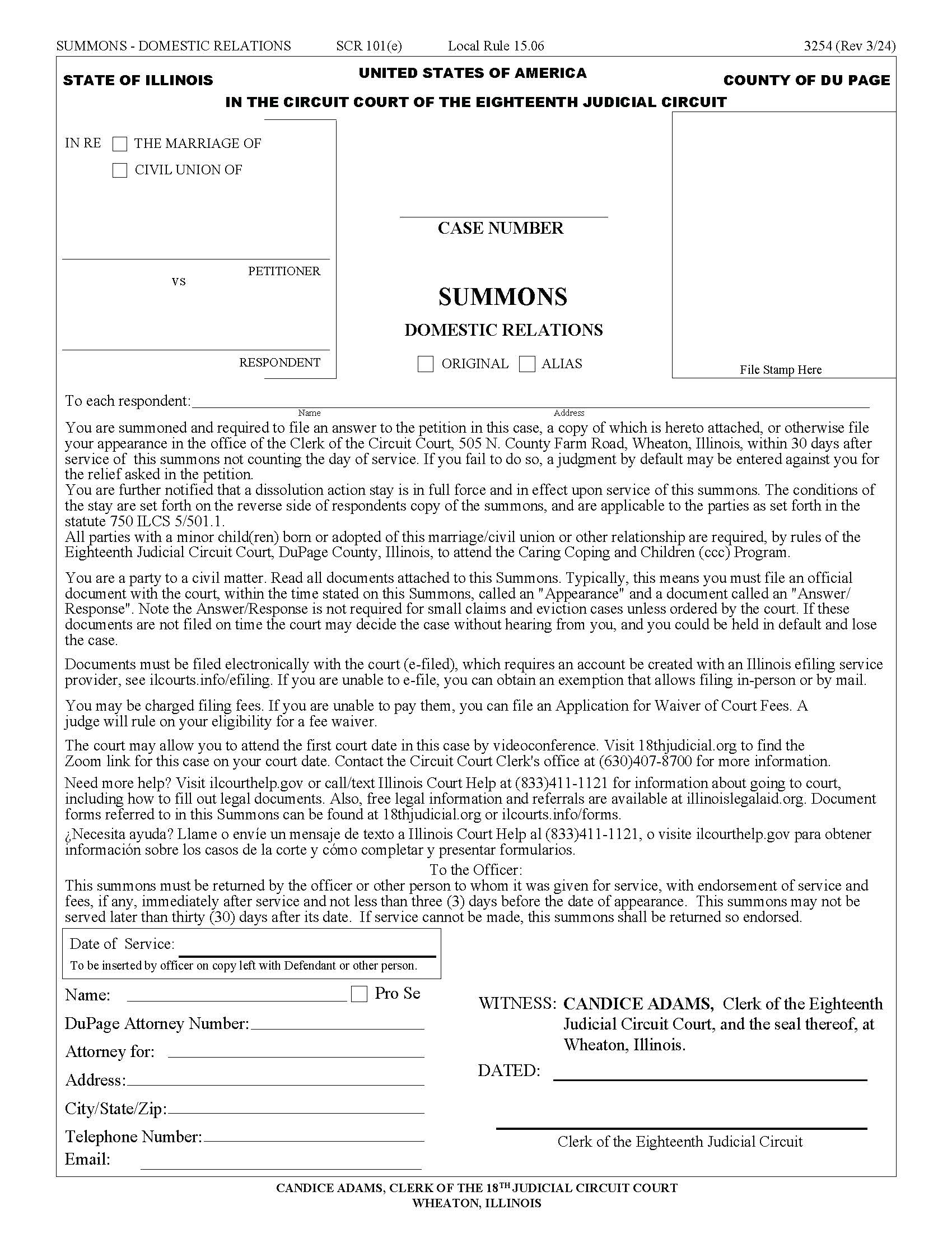 Summons Domestic Relations {3254} | Pdf Fpdf Docx | Illinois