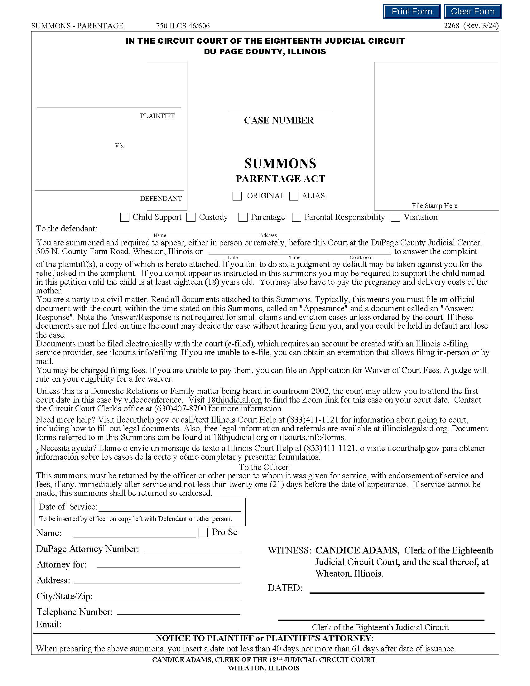 Summons Parentage {2268} | Pdf Fpdf Docx | Illinois