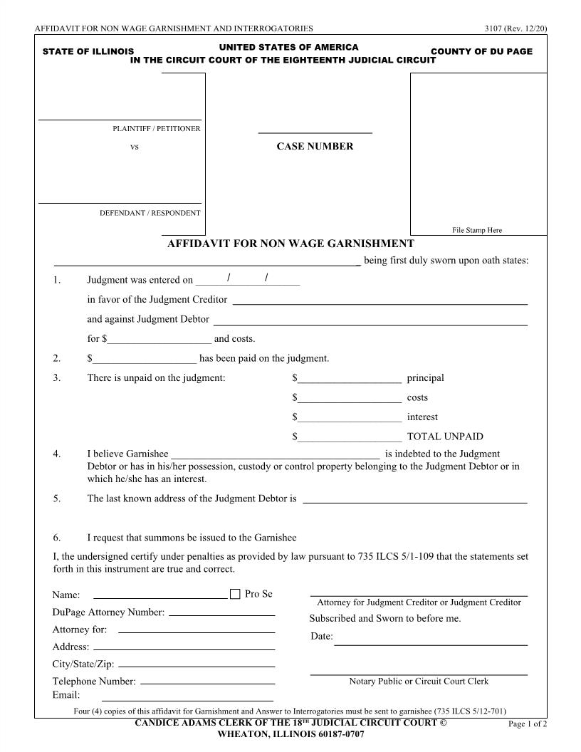 Affidavit For Non Wage Garnishment And Interrogatories {3107} | Pdf Fpdf Doc Docx | Illinois