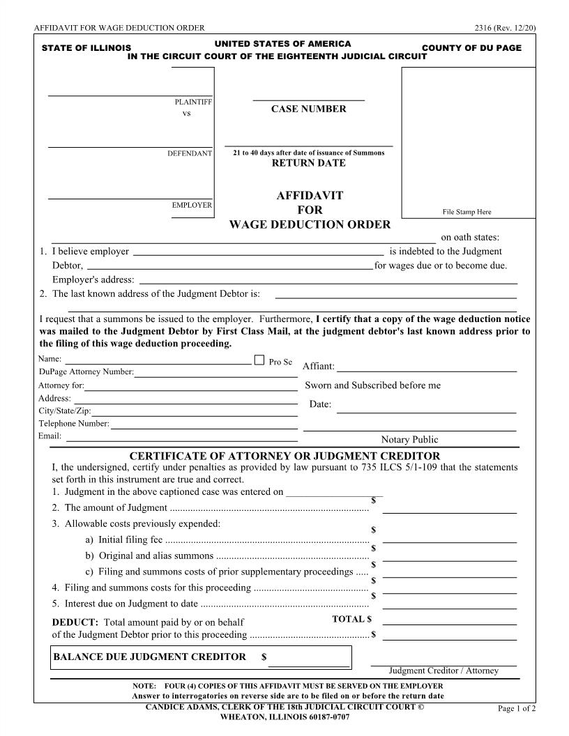 Affidavit For Wage Deduction Order {2316} | Pdf Fpdf Doc Docx | Illinois