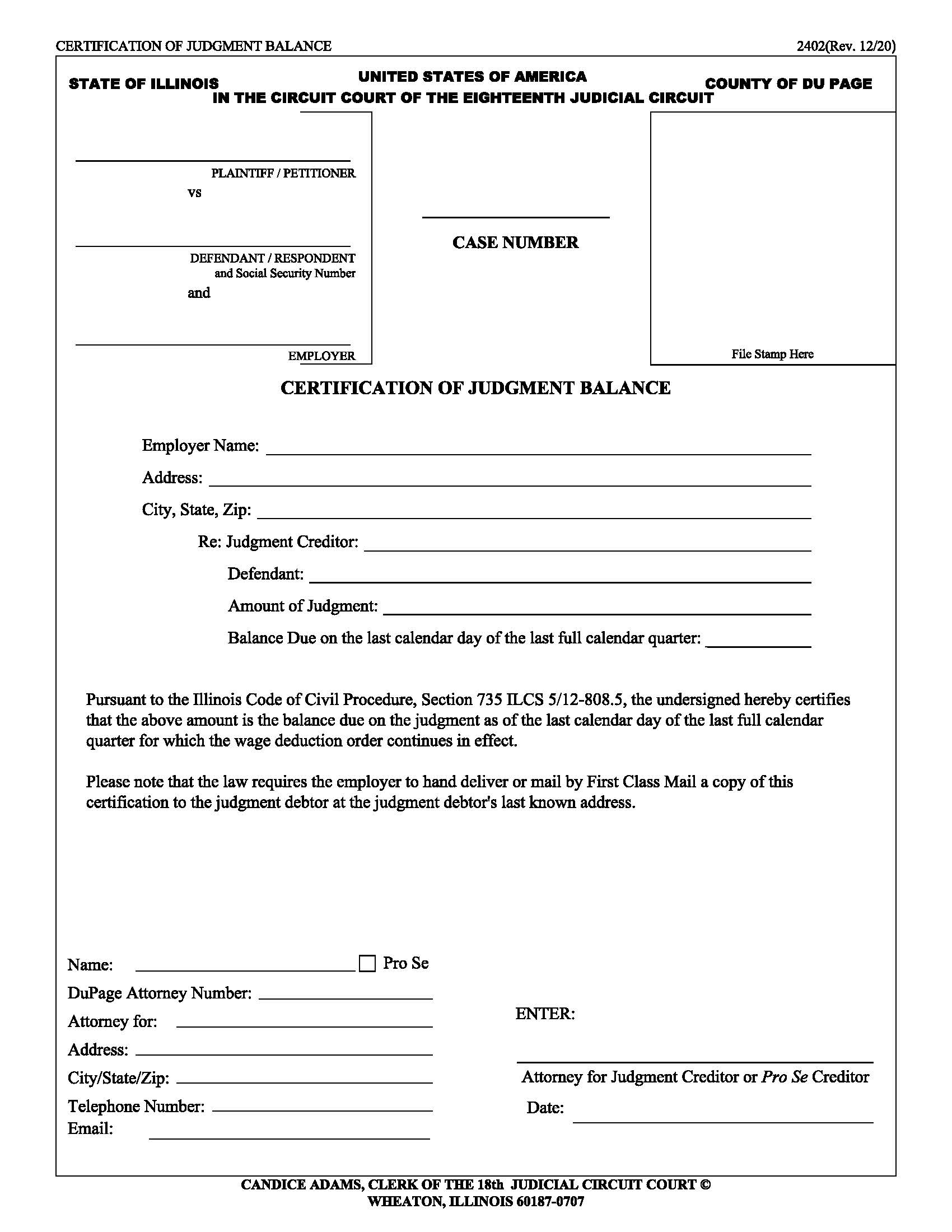 Certification Of Judgment Balance {2402} | Pdf Fpdf Docx | Illinois
