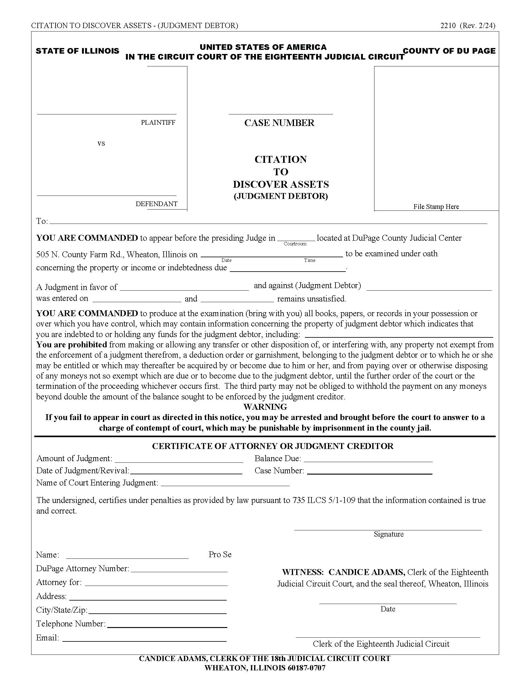 Citation To Discover Assets (Judgment Debtor) {2210} | Pdf Fpdf Docx | Illinois