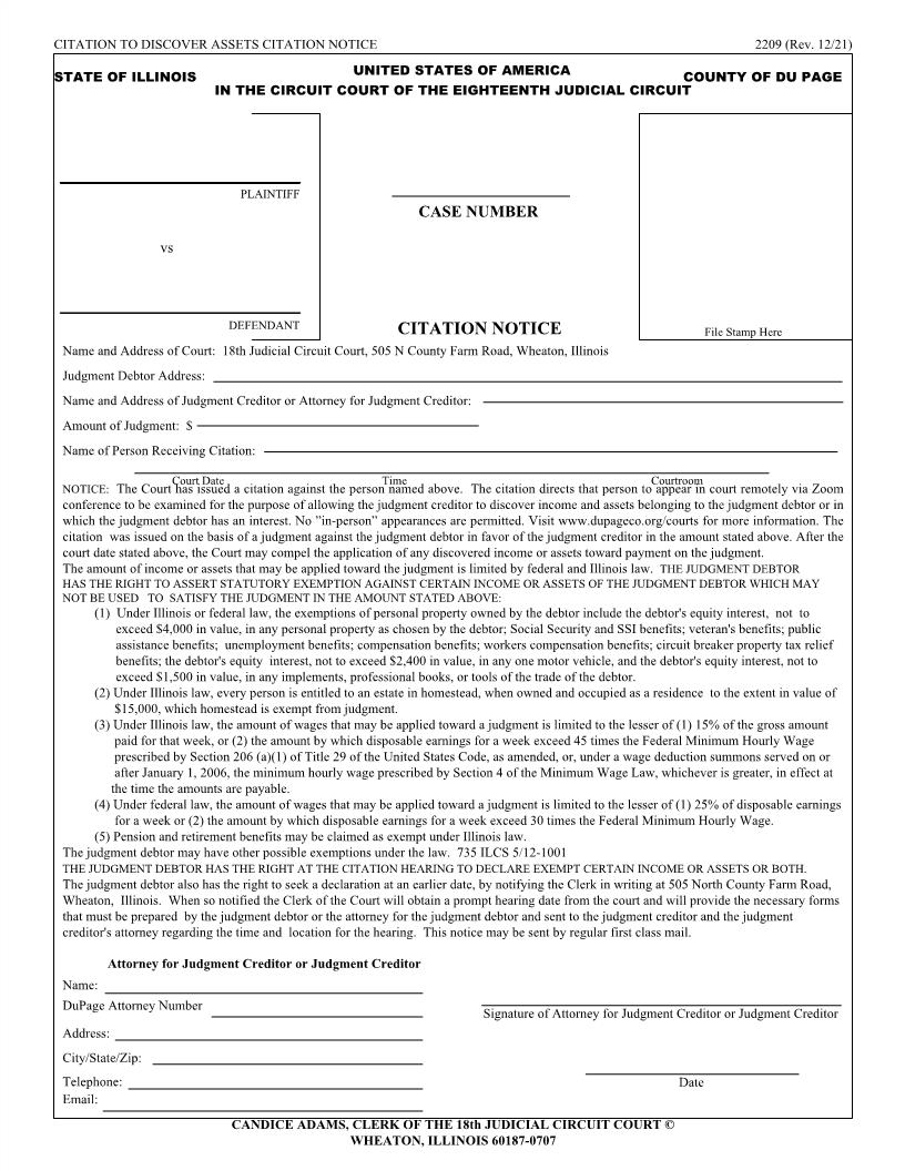 Citation To Discover Assets Citation Notice {2209} | Pdf Fpdf Docx | Illinois