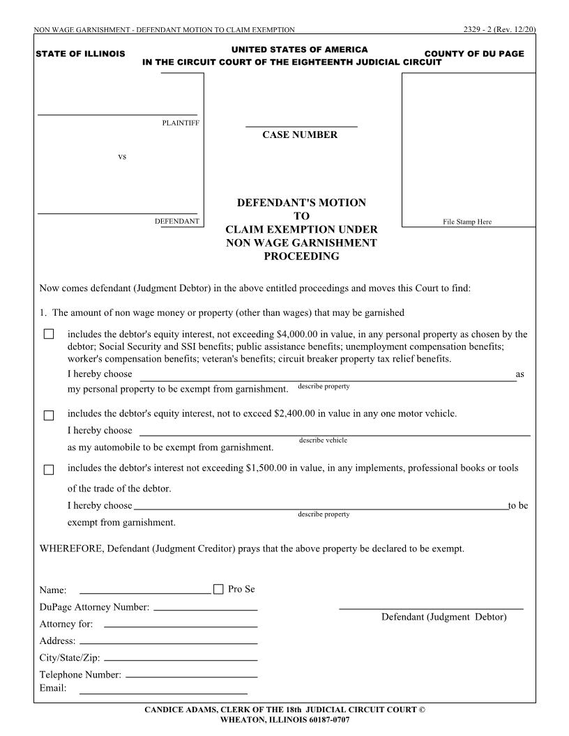 Defendants Motion To Claim Exemption Under Non Wage Garnishment Proceeding {2329-2} | Pdf Fpdf Docx | Illinois