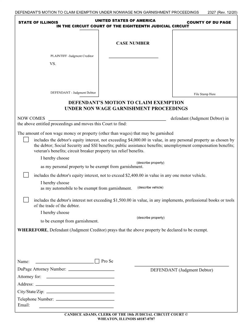 Defendants Motion To Claim Exemption Under Non Wage Garnishment Proceedings {2327} | Pdf Fpdf Doc Docx | Illinois