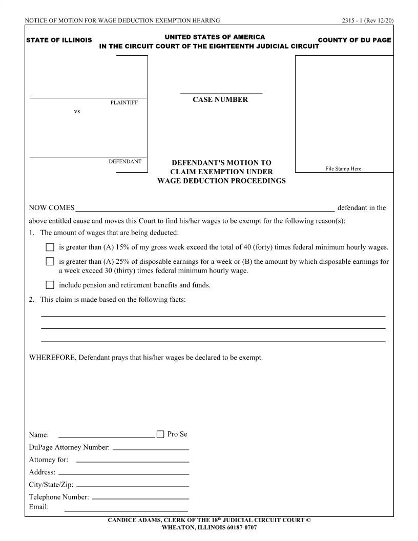 Defendants Motion To Claim Exemption Under Wage Deduction Proceedings {2315-1} | Pdf Fpdf Docx | Illinois