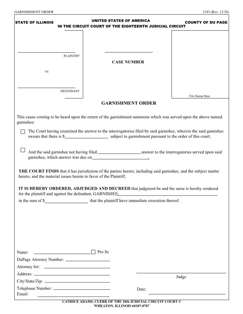 Garnishment Order {2183} | Pdf Fpdf Doc Docx | Illinois