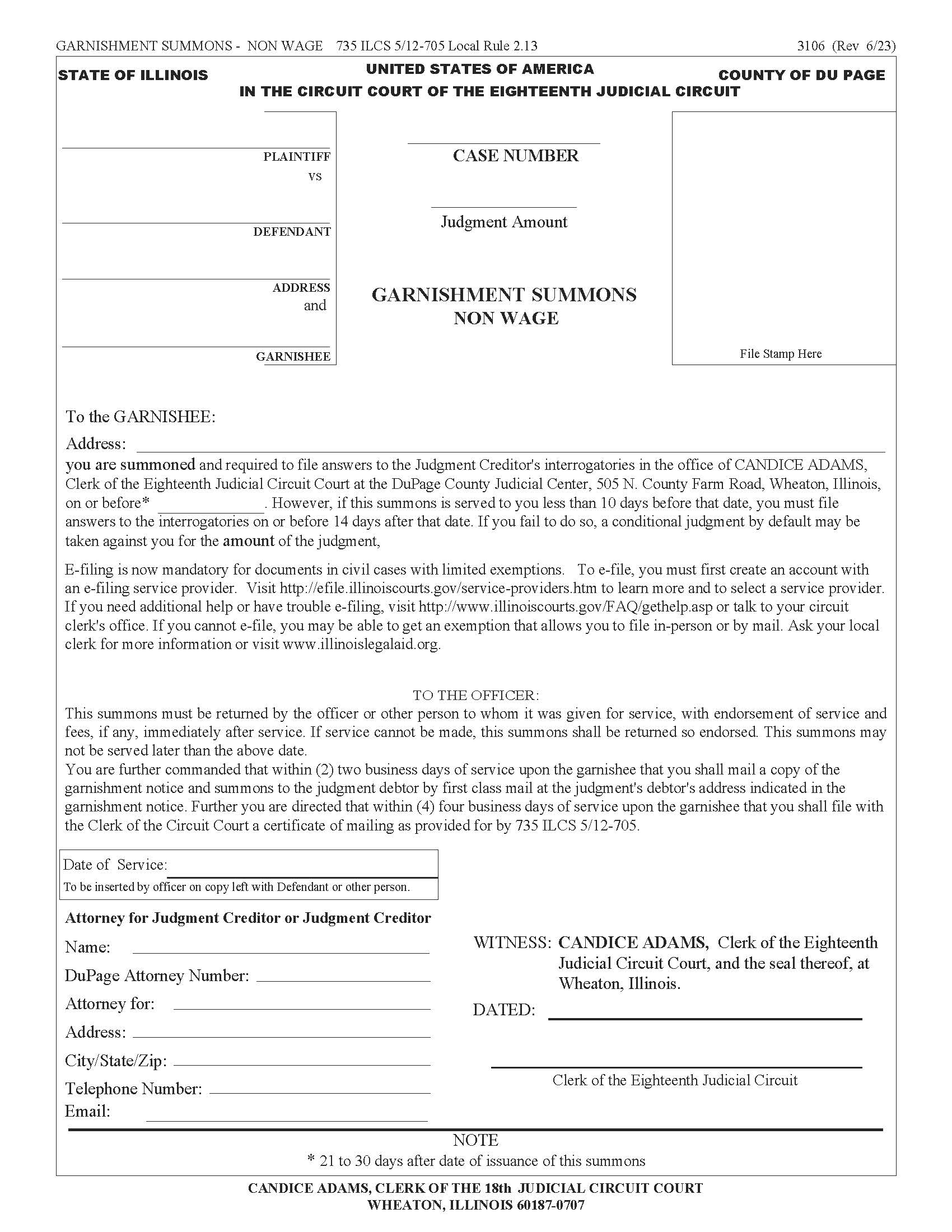 Garnishment Summons Non Wage {3106} | Pdf Fpdf Docx | Illinois