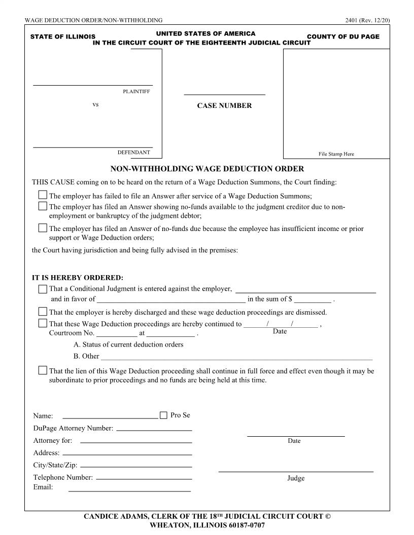 Non-Withholding Wage Deduction Order {2401} | Pdf Fpdf Docx | Illinois