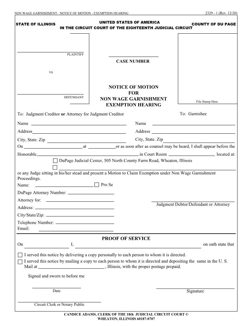 Notice Of Motion For Non Wage Garnishment Exemption Hearing {2329-1} | Pdf Fpdf Docx | Illinois