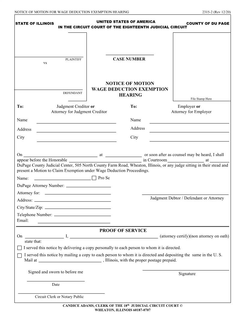 Notice Of Motion For Wage Deduction Exemption Hearing {2315-2} | Pdf Fpdf Doc Docx | Illinois