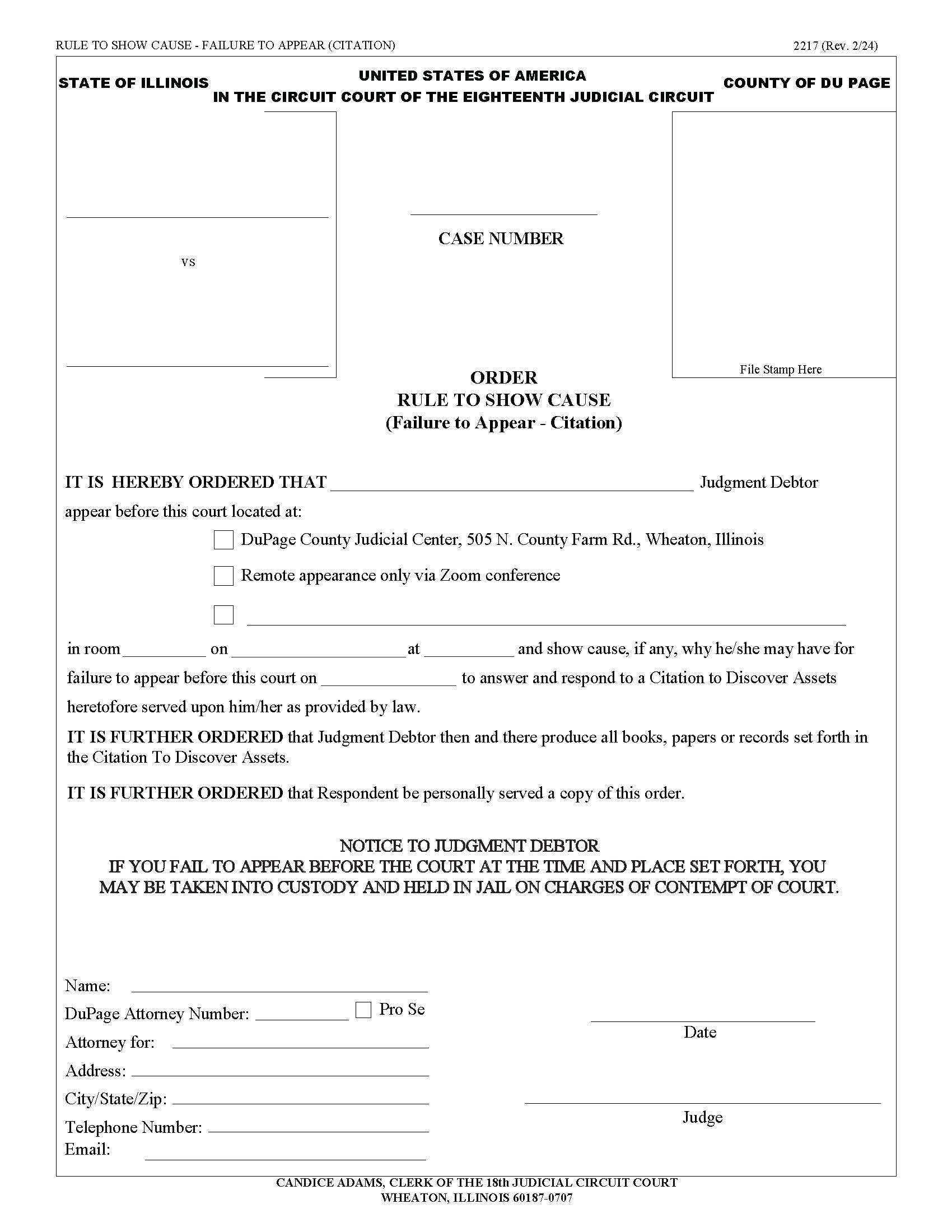 Order Rule To Show Cause (Failure To Appear - Citation) {2217} | Pdf Fpdf Docx | Illinois