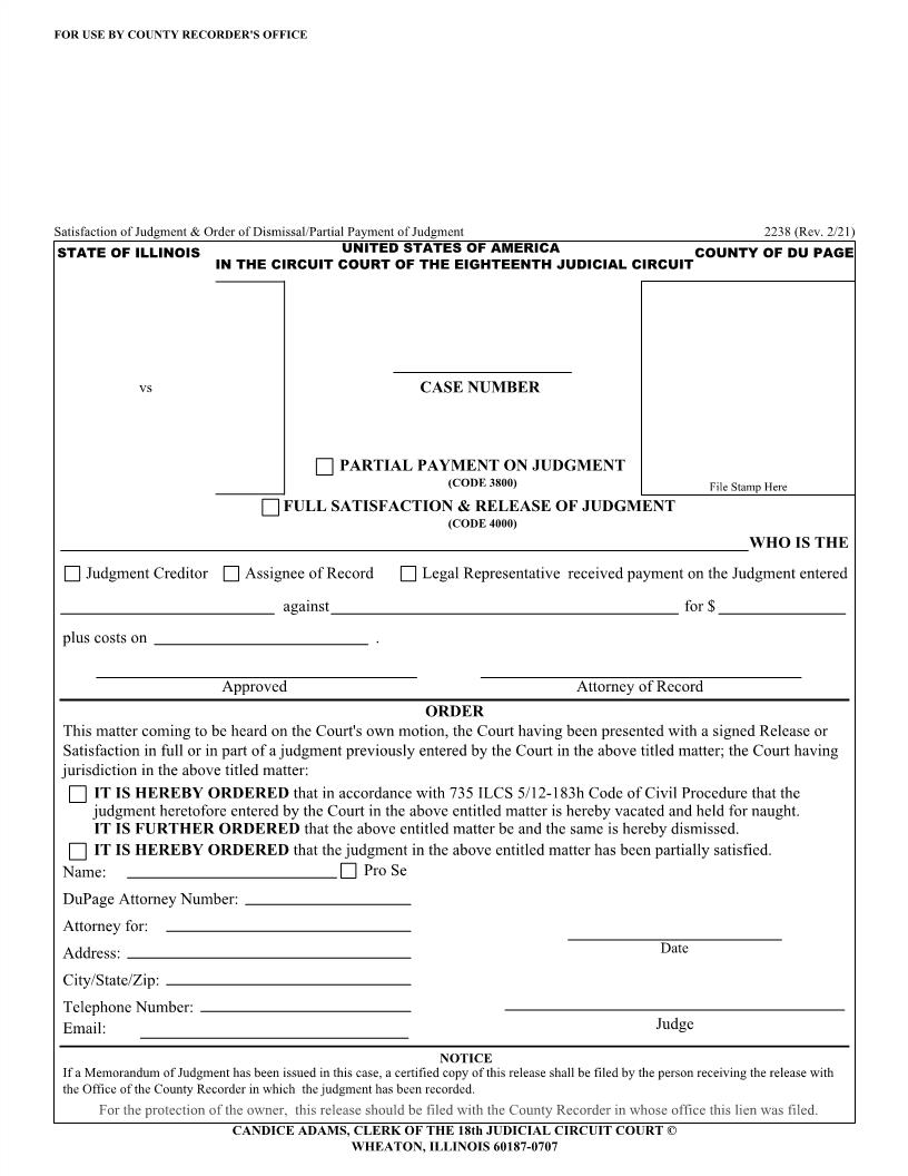 Satisfaction Of Judgment-Order Of Dismissal-Partial Payment Of Judgment {2238} | Pdf Fpdf Doc Docx | Illinois
