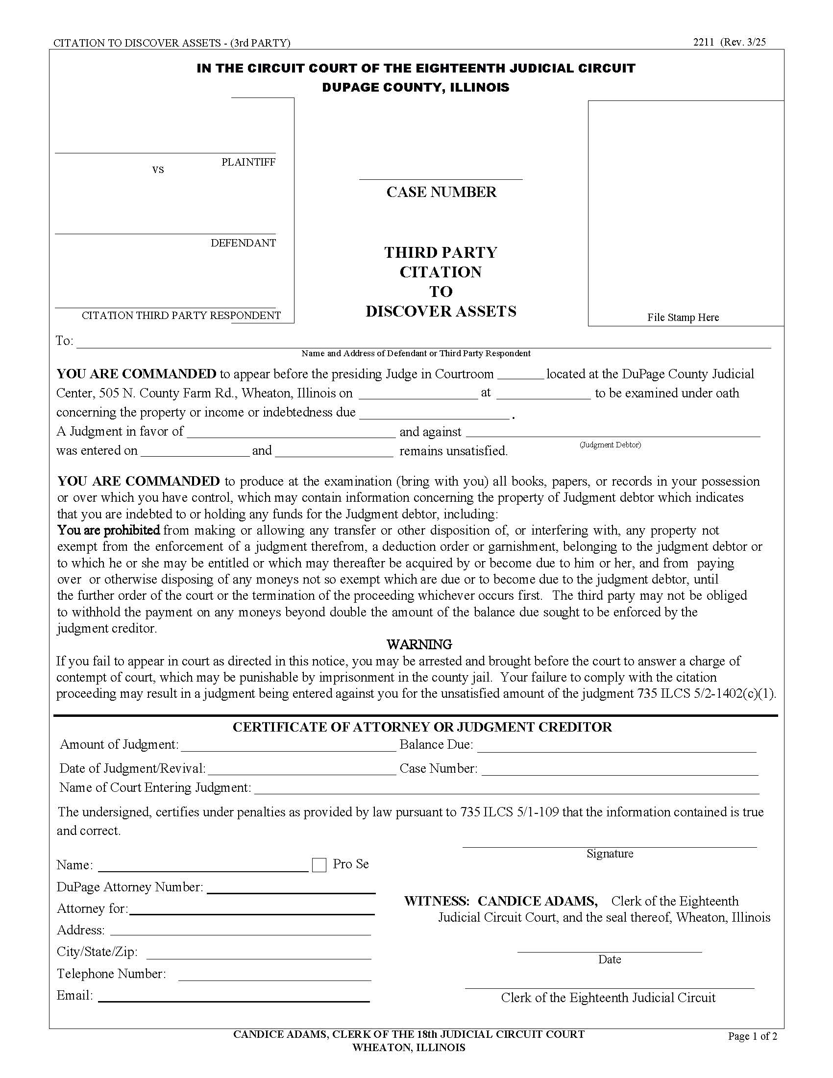 Third Party Citation To Discover Assets {2211} | Pdf Fpdf Docx | Illinois