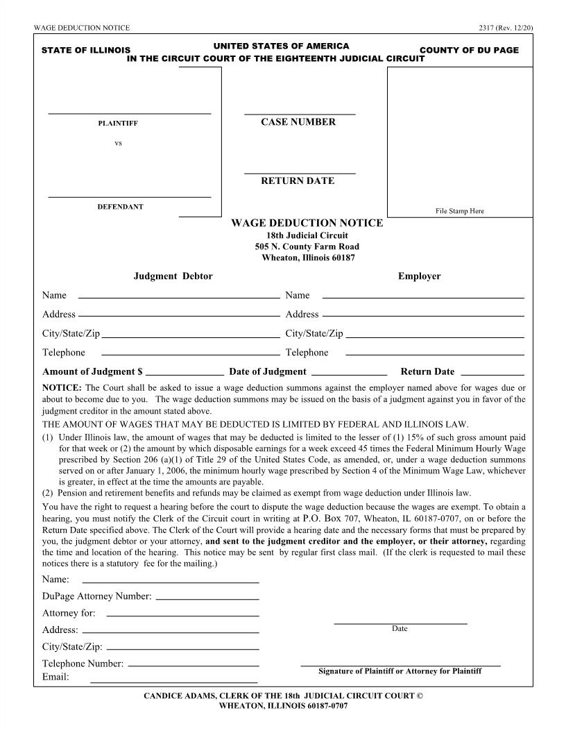 Wage Deduction Notice {2317} | Pdf Fpdf Docx | Illinois