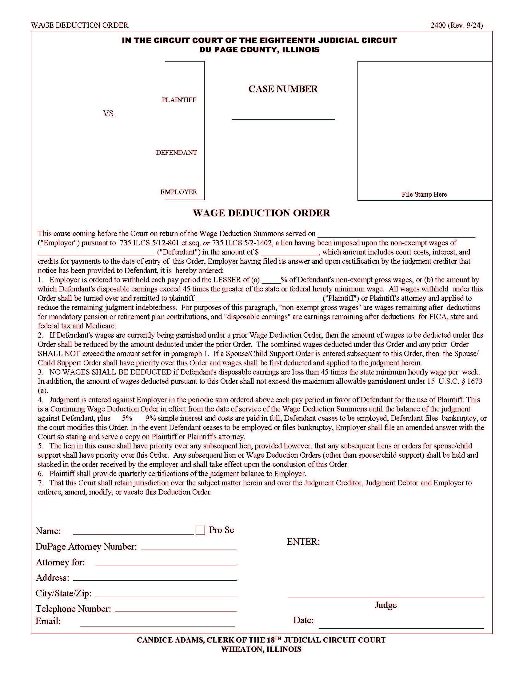 Wage Deduction Order {2400} | Pdf Fpdf Docx | Illinois