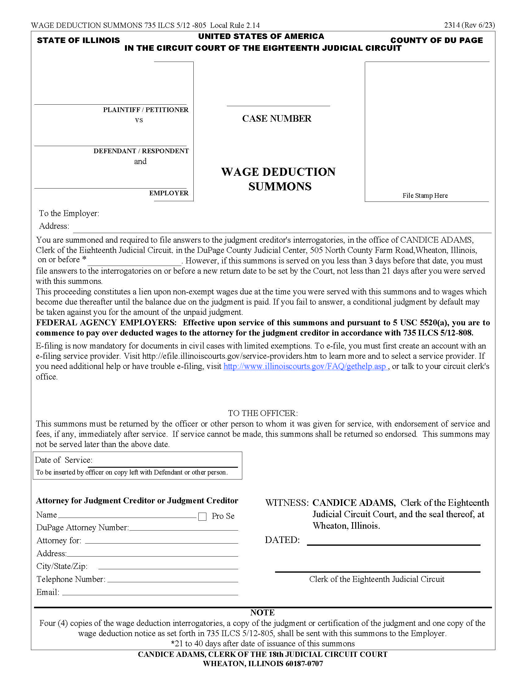 Wage Deduction Summons {2314} | Pdf Fpdf Docx | Illinois