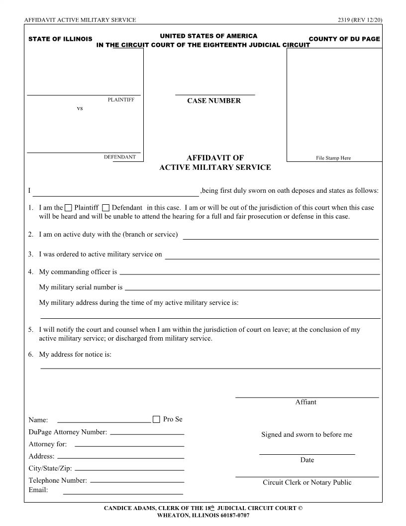 Affidavit Of Active Military Service {2319} | Pdf Fpdf Docx | Illinois