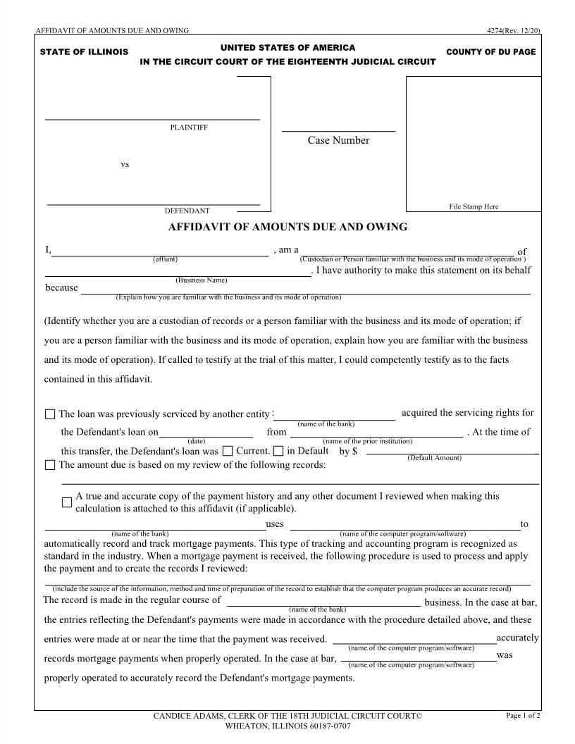 Affidavit Of Amounts Due And Owing {4274} | Pdf Fpdf Docx | Illinois