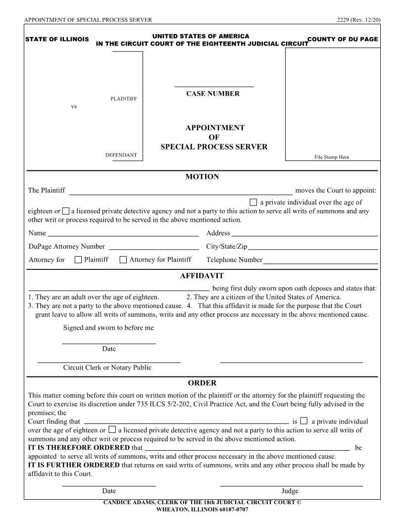 Appointment Of Special Process Server Motion Affidavit Order {2229} | Pdf Fpdf Docx | Illinois