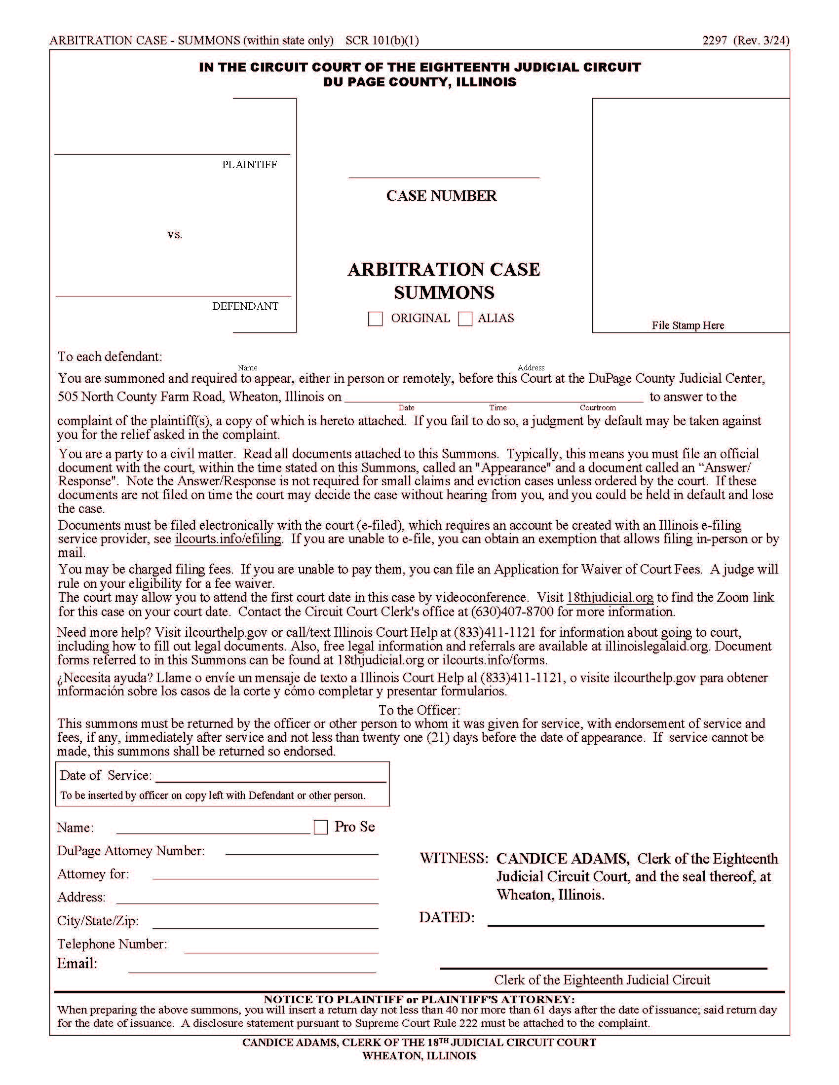 Arbitration Case Summons (Within State Only) {2297} | Pdf Fpdf Docx | Illinois