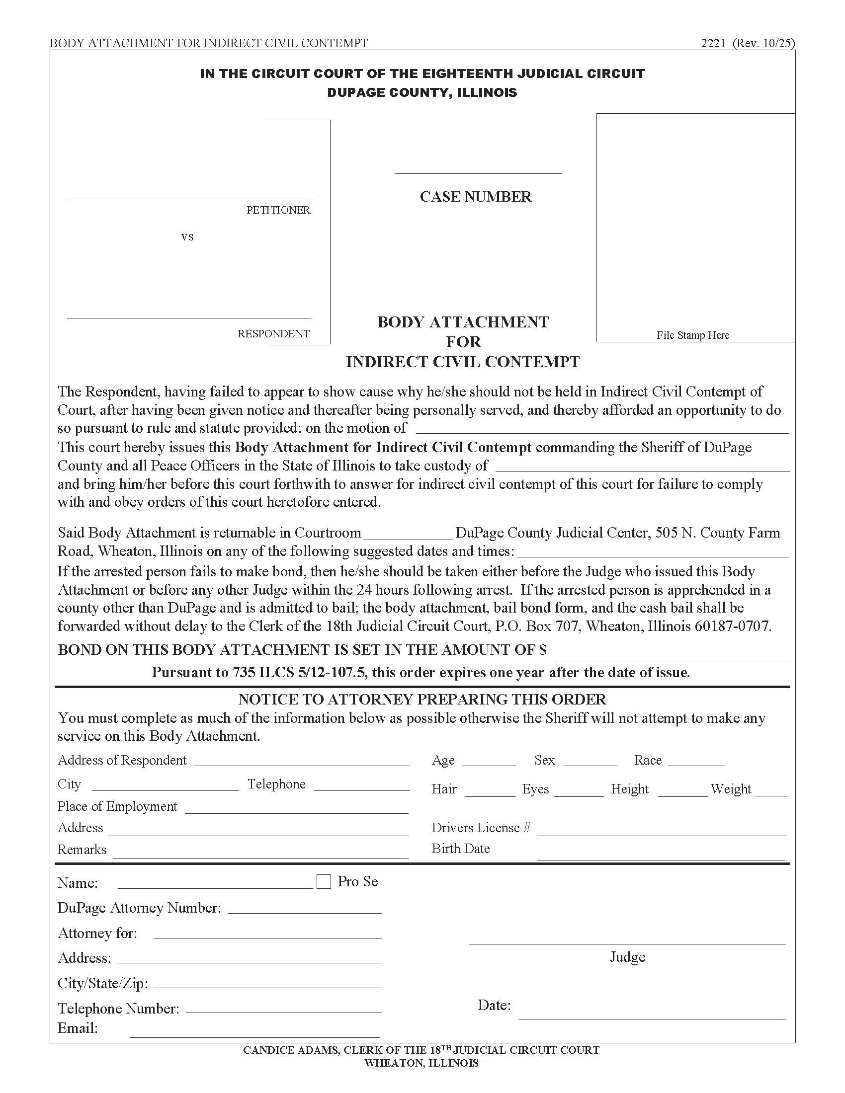 Body Attachment For Indirect Civil Contempt {2221} | Pdf Fpdf Docx | Illinois