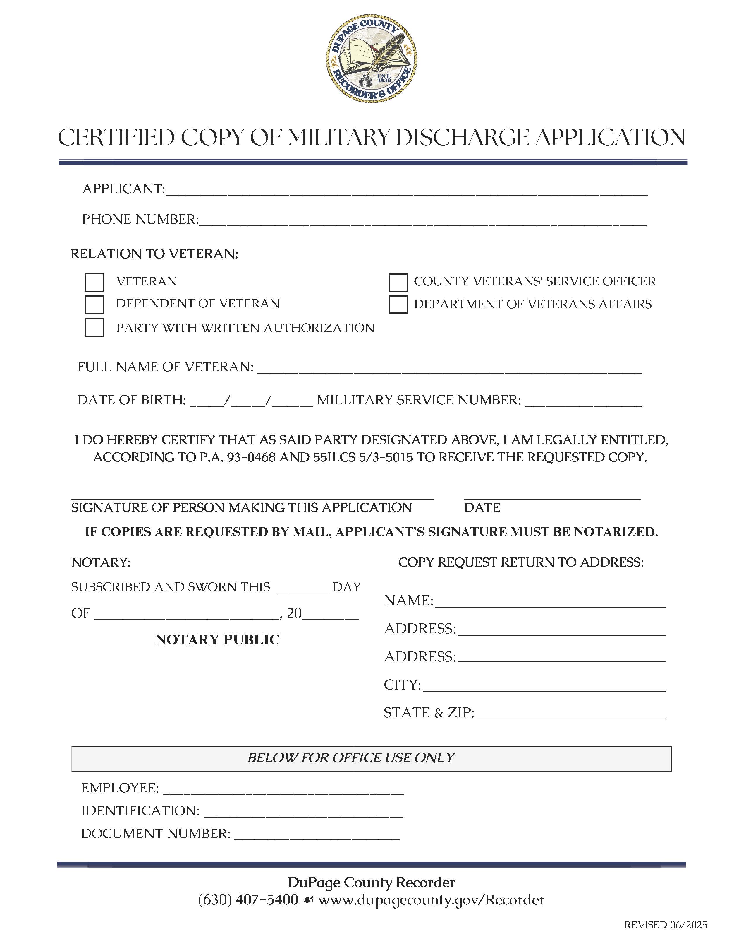 Certified Copy Of Military Discharge Application | Pdf Fpdf Docx | Illinois