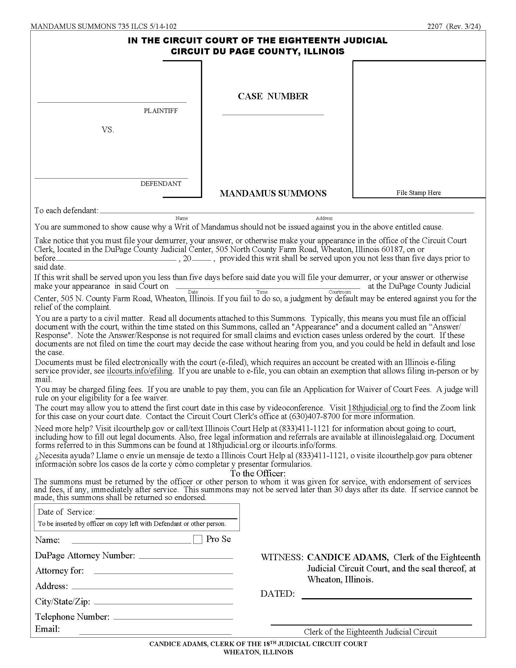 Mandamus Summons {2207} | Pdf Fpdf Docx | Illinois