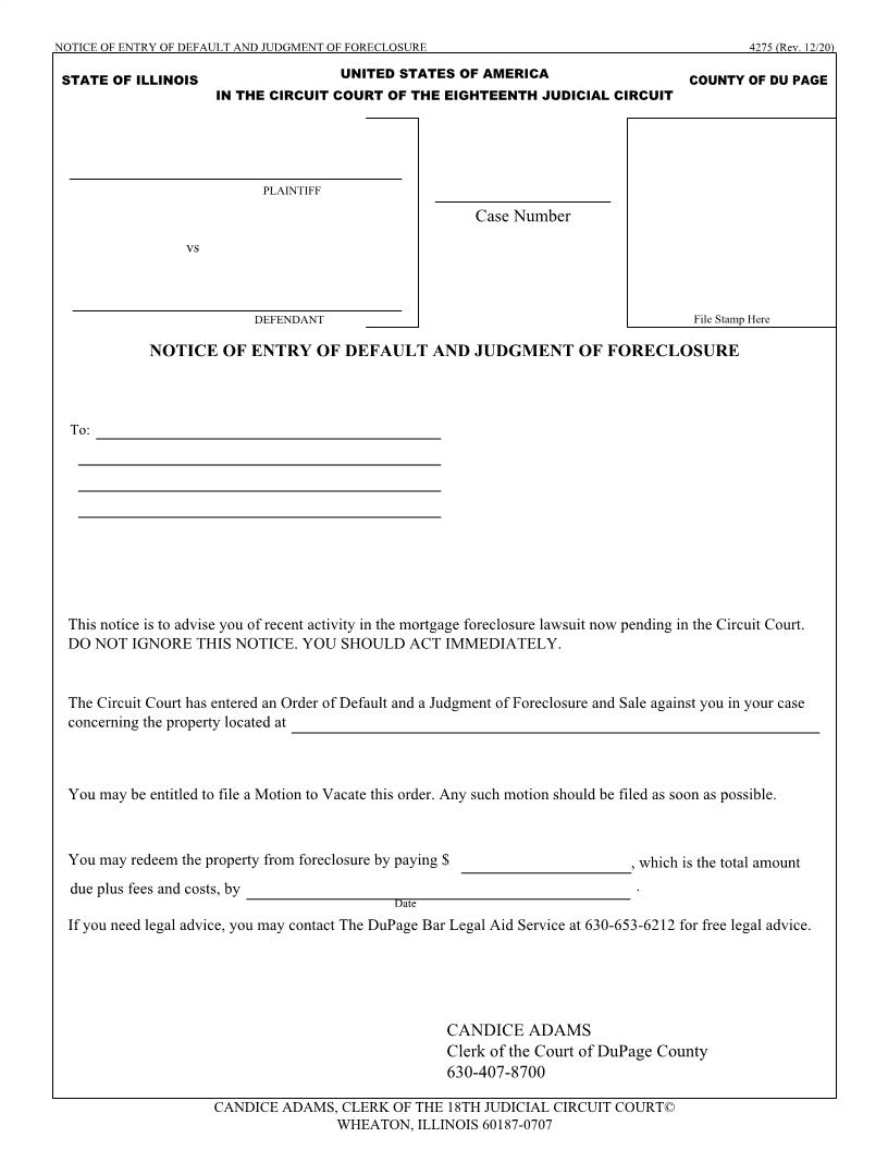 Notice Of Entry Of Default And Judgment Of Foreclosure {4275} | Pdf Fpdf Docx | Illinois
