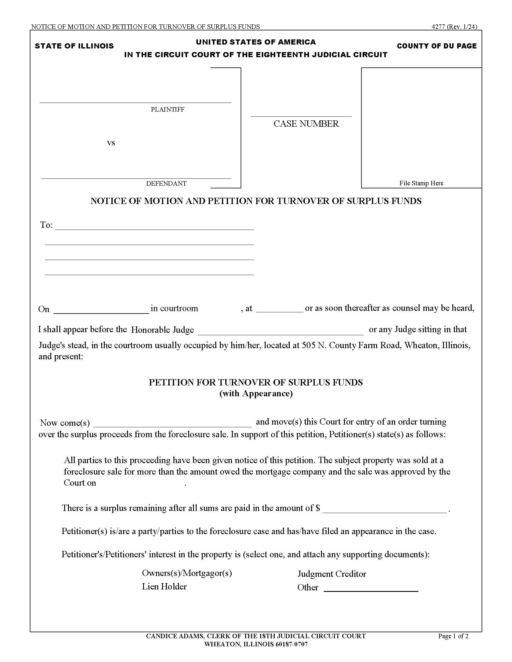 Notice Of Motion And Petition For Turnover Of Surplus Funds {4277} | Pdf Fpdf Docx | Illinois