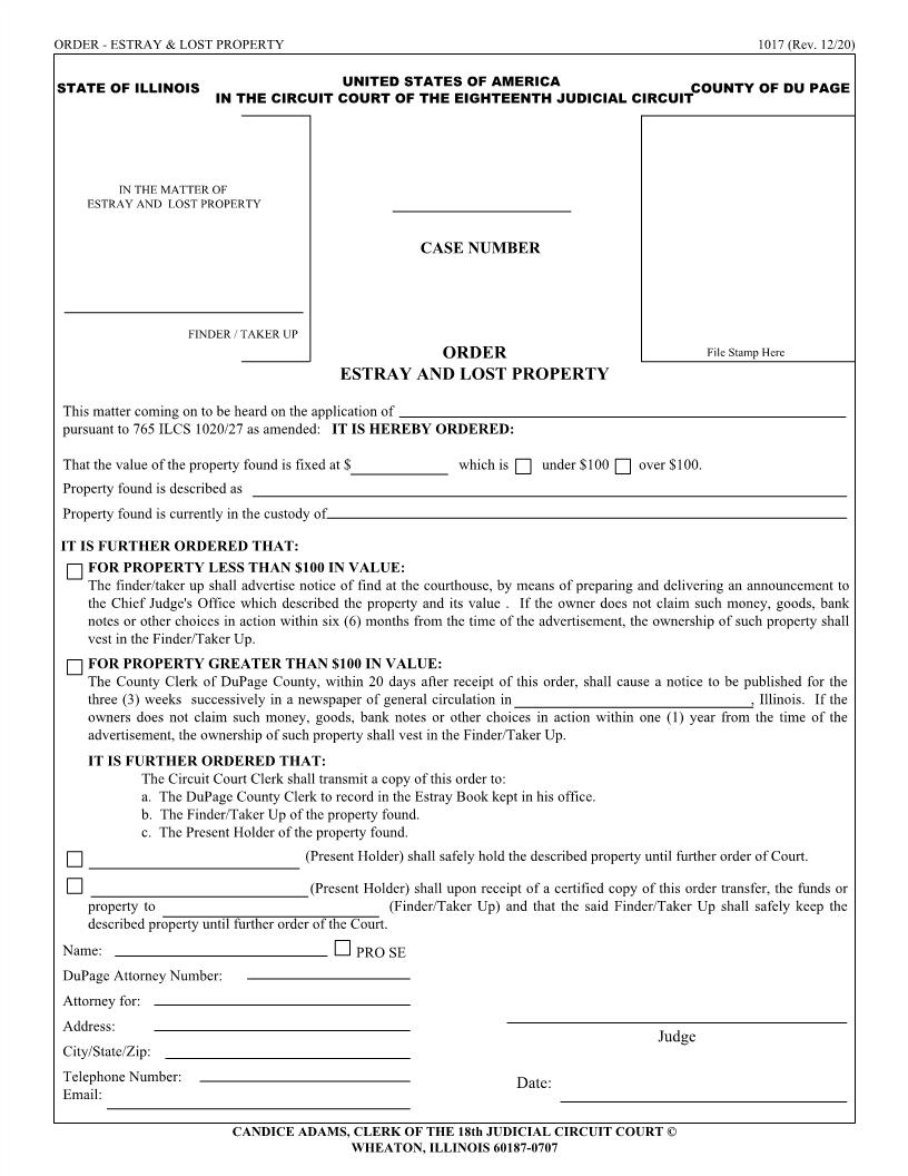 Order - Estray And Lost Property {1017} | Pdf Fpdf Docx | Illinois