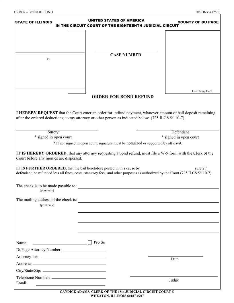 Order For Bond Refund {1065} | Pdf Fpdf Docx | Illinois