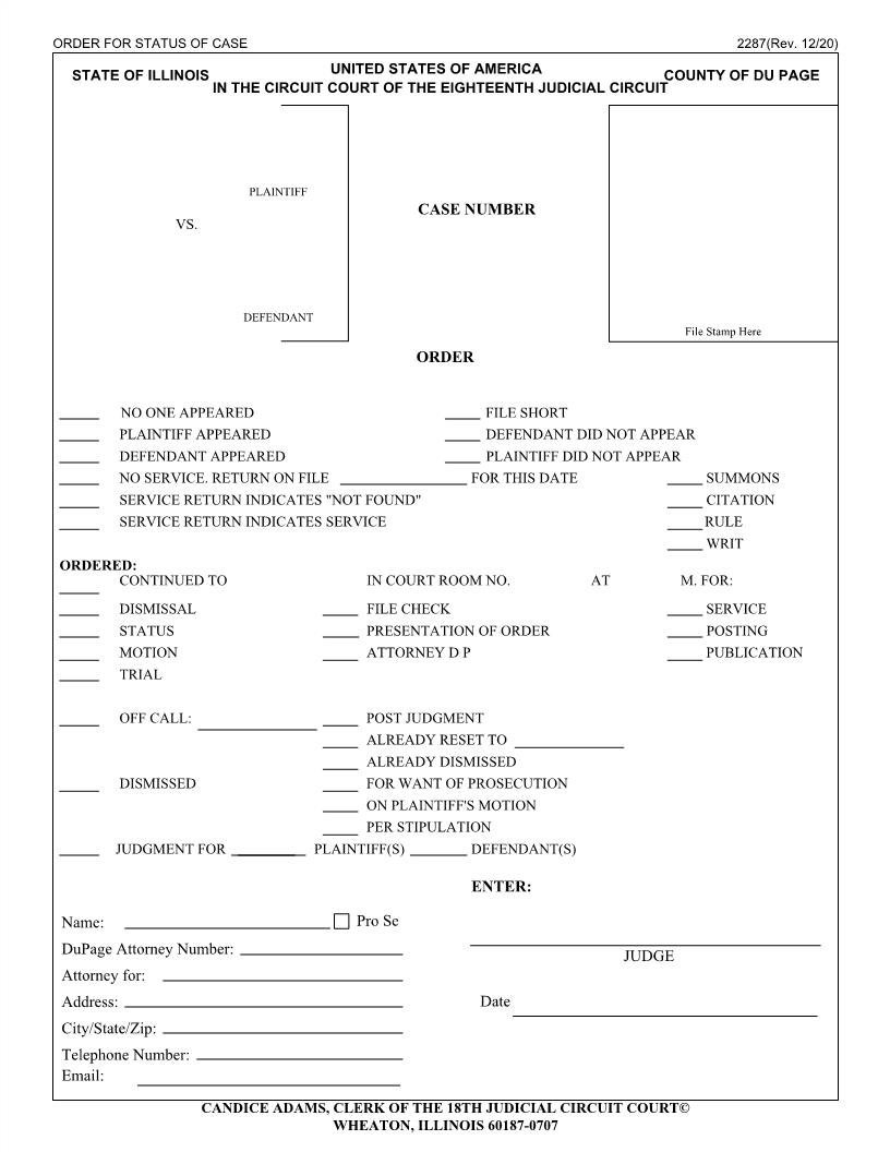 Order For Status Of Case {2287} | Pdf Fpdf Docx | Illinois