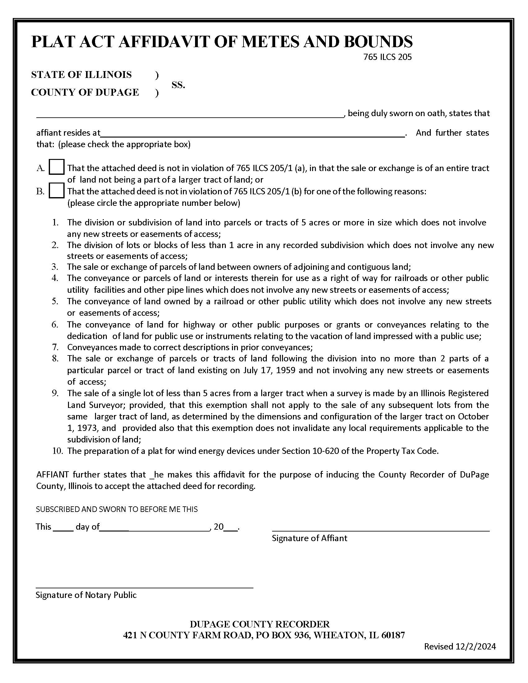 Plat Act Affidavit Of Metes And Bounds | Pdf Fpdf Docx | Illinois