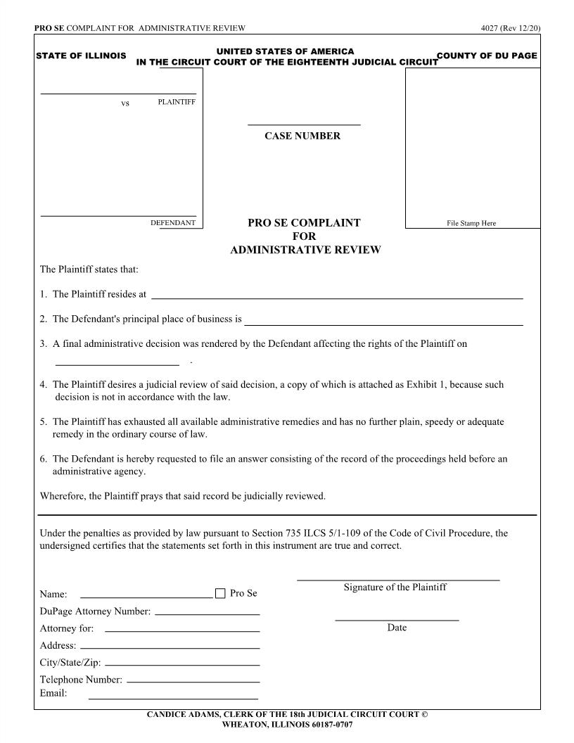 Pro Se Complaint For Administrative Review {4027} | Pdf Fpdf Doc Docx | Illinois