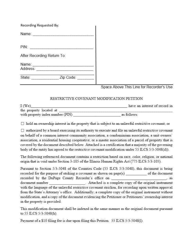 Restrictive Covenant Modification Petition | Pdf Fpdf Docx | Illinois