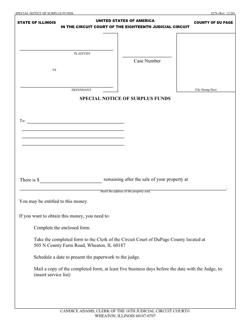 Special Notice Of Surplus Funds {4276} | Pdf Fpdf Docx | Illinois