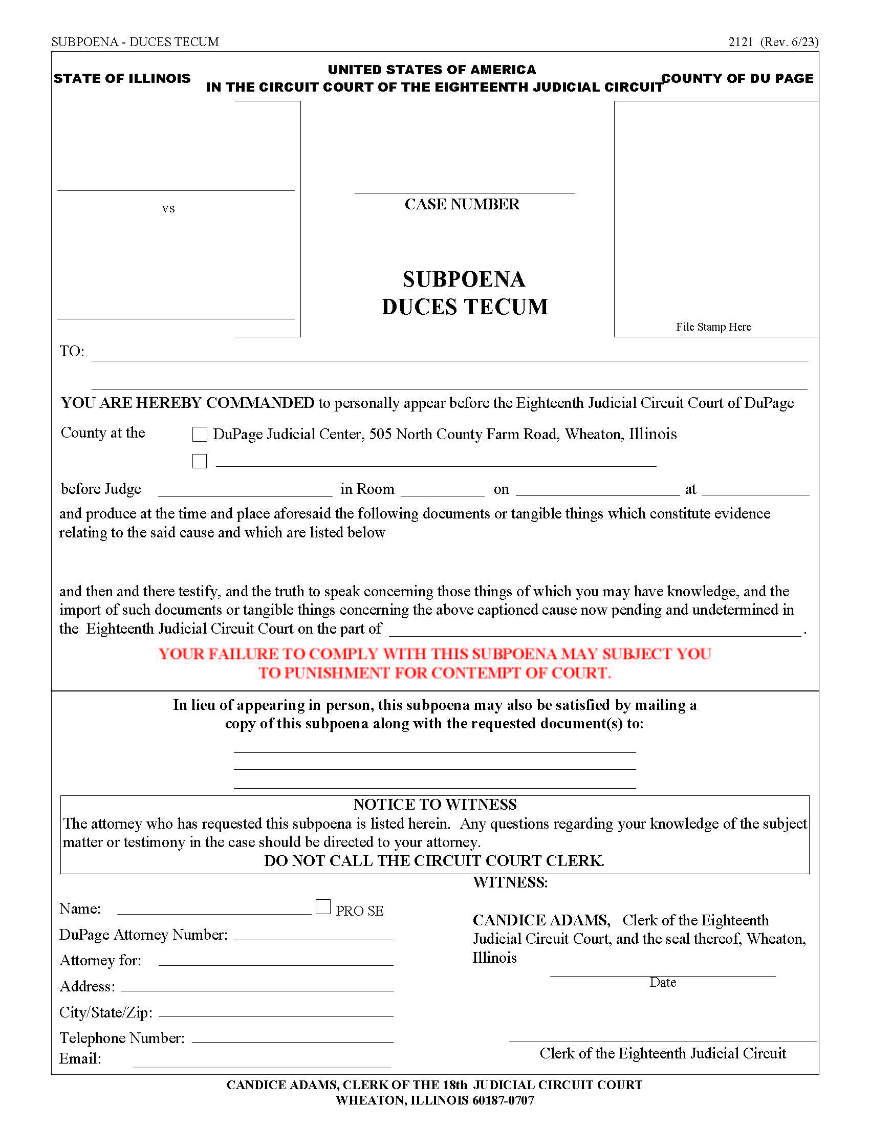 Subpoena Duces Tecum {2121} | Pdf Fpdf Docx | Illinois