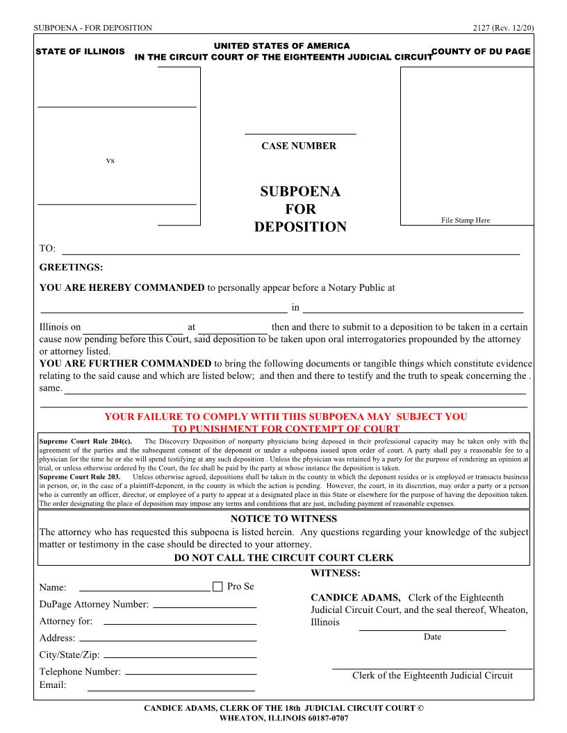Subpoena For Deposition {2127} | Pdf Fpdf Docx | Illinois